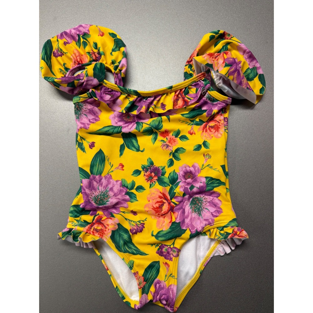 Janie and Jack Girls Yellow Floral Ruffle One Piece Swimsuit Size 4